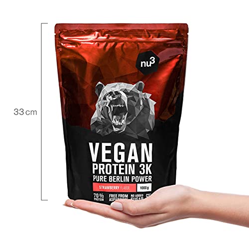 nu3 Proteína vegana 3K - 2kg de fórmula - 70% de proteína a base de 3 componentes vegetales - Proteínas para el crecimiento de la masa muscular con delicioso sabor fresa