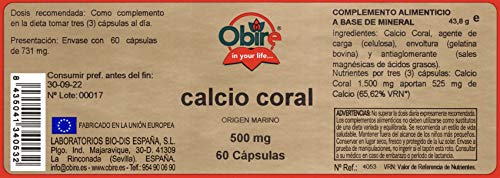 Obire | Calcio Coral 500 mg | Favorece Huesos, Dientes, Articulaciones... | Complemento Alimenticio a Base de Minerales | 60 Cápsulas