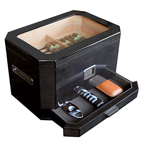 Octodor - Humidor Grande de Cedro con Acabado de Piano, Color Negro, con Higrómetro Digital, Sistema de Humidificación y Cajón para Accesorios - Capacidad (50-100 Puros)