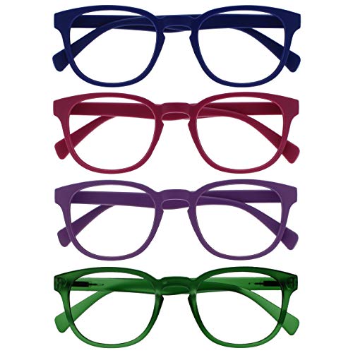 Opulize Pop Pack 4 Retro Redondo Azul Rosa Púrpura Verde Hombres Mujeres Gafas De Lectura Bisagras Resorte RRRR2-3456 +1,50