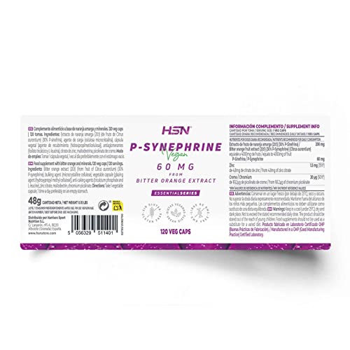 P-Sinefrina de HSN | 120 Cápsulas Vegetales de 60mg Sinefrina de Extracto Naranja Amarga | Suplemento para el Control del Peso Corporal y Favorecer la Pérdida de Grasa | No-GMO, Vegano, Sin Gluten