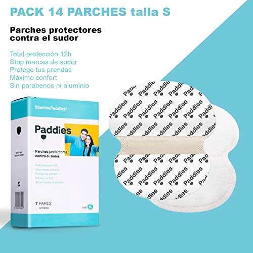 PADDIES Parches protectores contra el sudor · Parches Anti-sudor · Parches para axilas · Máximo confort · Protección 12 h · Protege tus prendas · Talla S 14 Paddies)