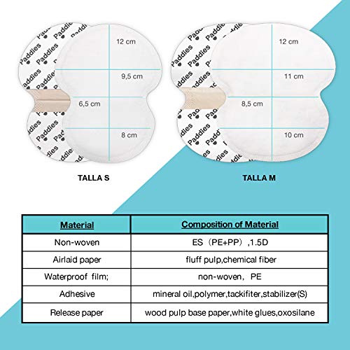 PADDIES Parches protectores contra el sudor · Parches Anti-sudor · Parches para axilas · Máximo confort · Protección 12 h · Protege tus prendas · Talla S 14 Paddies)