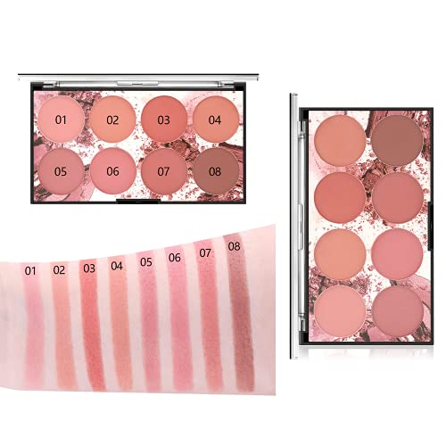 Paleta de Colorete de 8 Colores, Polvo de Rubor Facial con Brillo Brillante, Paleta de Rubor Mineral mate con Pincel, Colorete de Maquillaje Facial Profesional, Paleta de Rubor de Contorno y Resaltado