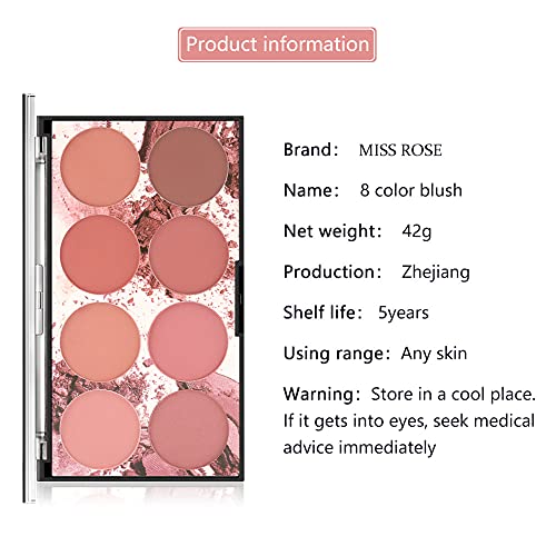 Paleta de Colorete de 8 Colores, Polvo de Rubor Facial con Brillo Brillante, Paleta de Rubor Mineral mate con Pincel, Colorete de Maquillaje Facial Profesional, Paleta de Rubor de Contorno y Resaltado