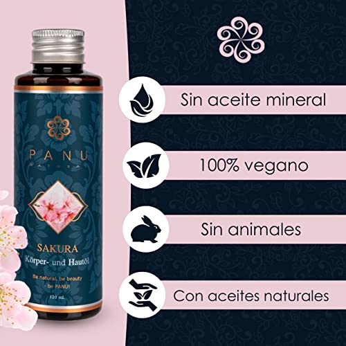 Panu Natural Aceite de masaje de Sakura - Aceite corporal nutritivo para masajes - Aceite para la piel con efecto hidratante - Aceite de masaje vegano para relajarse