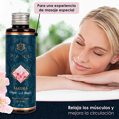 Panu Natural Aceite de masaje de Sakura - Aceite corporal nutritivo para masajes - Aceite para la piel con efecto hidratante - Aceite de masaje vegano para relajarse