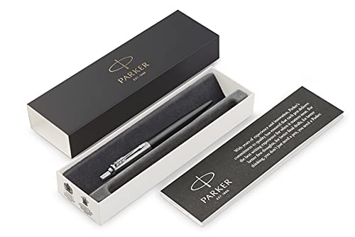 Parker Jotter - Bolígrafo de punta redonda de acero inoxidable, color gris torre con grabado en diagonal, tinta de gel negra, caja de regalo