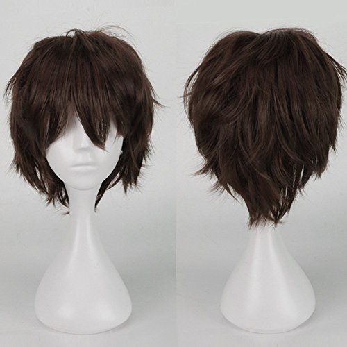 Pelucas completas de cola de pelo rizado Cosplay de 30 CM Peluca corta Mujeres Hombres Peluca Unisex Fiesta de disfraces de Halloween Wig Marron oscuro