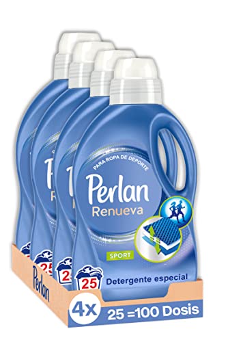 Perlan Renueva Detergente para Ropa de Deporte (pack de 4, total: 100 lavados), Detergente Líquido para Ropa de Deporte, Detergente Especial para Ropa de Deporte que neutraliza los malos olores