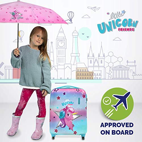 PERLETTI Maleta Trolley Niña Rigida Extra Resistente Unicornio Azul ABS - Equipaje de Mano Cabina Ligero con Cerradura TSA y 4 Ruedas Dobles Multidireccionales - Ryanair 49x34x21 cm (Unicornio, XS)