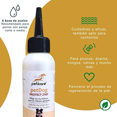 Peticare Perro Tratamiento Eficaz - Producto Cuidado eficaz contra Picor, Hongos y Anti-Ácaros en Perros, Demódex, Ácaros de la Sarna y Otras Especies, Detiene Picazon Fuerte - petDog Protect 2101