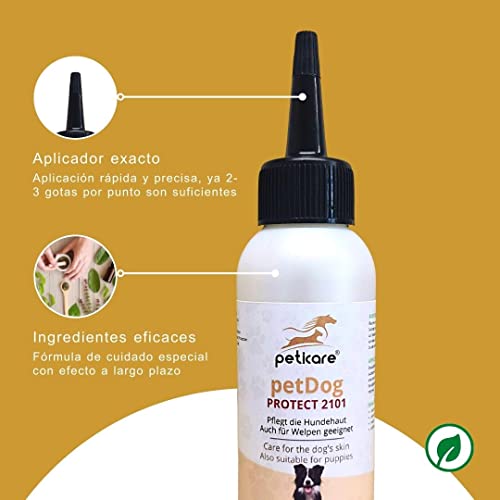 Peticare Perro Tratamiento Eficaz - Producto Cuidado eficaz contra Picor, Hongos y Anti-Ácaros en Perros, Demódex, Ácaros de la Sarna y Otras Especies, Detiene Picazon Fuerte - petDog Protect 2101