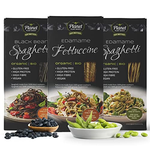 Planet Plant-Based Bio Protein Pasta Mix / 3er Pack (3x200g) / Pasta de proteínas / Habas Negras Espaguetis / Edamame Fettuccine / Edamame Espaguetis / Lower Carb Fideos de soja / Sin gluten / Vegana