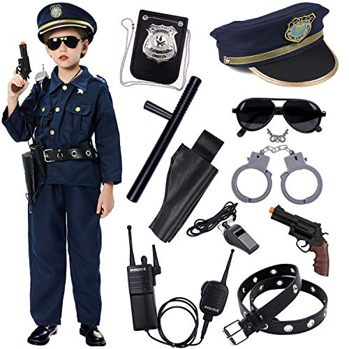 Policía Disfraz Niño con Policía Equipo Policía Camisa Pantalones Sombrero Cinturón Policía Placa Esposas Gafas de Sol Walkie Talkie Policía Juguete Kit para Niños Halloween Fiesta Carnaval (S)