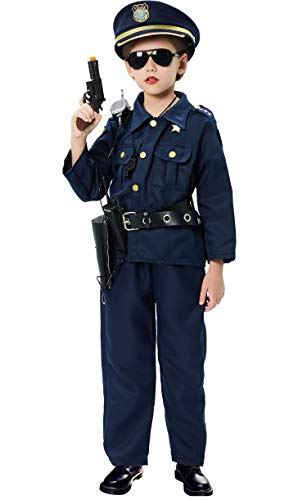 Policía Disfraz Niño con Policía Equipo Policía Camisa Pantalones Sombrero Cinturón Policía Placa Esposas Gafas de Sol Walkie Talkie Policía Juguete Kit para Niños Halloween Fiesta Carnaval (S)