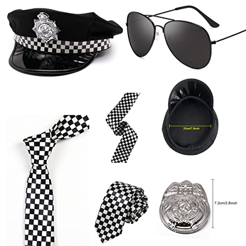 Policía Juego de 6 Accesorios para Fiestas de Disfraces con Gorro de Policía para Adultos, Insignia, Corbata, Esposas, Bastón, Gafas Negras para Hombres o Mujeres para Fiesta de Halloween de Cop