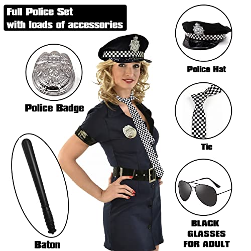 Policía Juego de 6 Accesorios para Fiestas de Disfraces con Gorro de Policía para Adultos, Insignia, Corbata, Esposas, Bastón, Gafas Negras para Hombres o Mujeres para Fiesta de Halloween de Cop