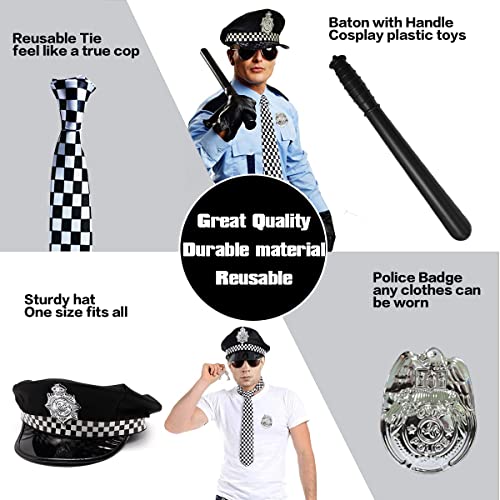 Policía Juego de 6 Accesorios para Fiestas de Disfraces con Gorro de Policía para Adultos, Insignia, Corbata, Esposas, Bastón, Gafas Negras para Hombres o Mujeres para Fiesta de Halloween de Cop