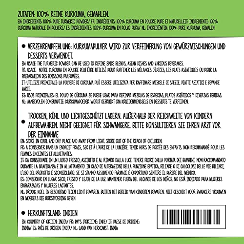 Polvo de cúrcuma (500g), cúrcuma 100% natural, raíz de cúrcuma suavemente secada y molida, especia sin aditivos, vegana