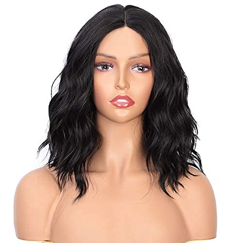 PORSMEER Peluca Corta Ondulada Negra Bob para Mujer, Color Natural Onda Rizado Brasileña Pelo Completo Sintéticas Hecho a Máquina Pelucas para Cosplay Disfraz o Diariamente (color:1B#)