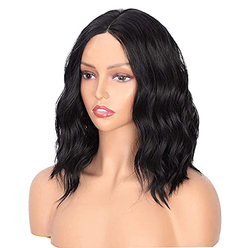 PORSMEER Peluca Corta Ondulada Negra Bob para Mujer, Color Natural Onda Rizado Brasileña Pelo Completo Sintéticas Hecho a Máquina Pelucas para Cosplay Disfraz o Diariamente (color:1B#)