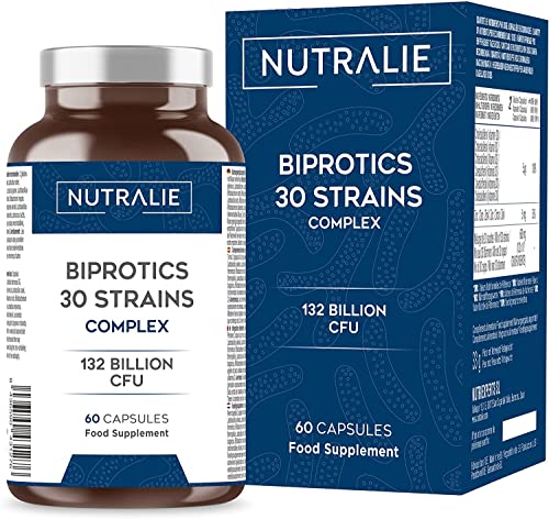 Probióticos y Prebióticos Intestinales [30 CEPAS PREMIUM] 132 Mil Millones de UFC Garantizados x Dosis | Mejora Defensas y Flora Intestinal | Biprotics 30 Cepas Complex | 60 Cápsulas Nutralie