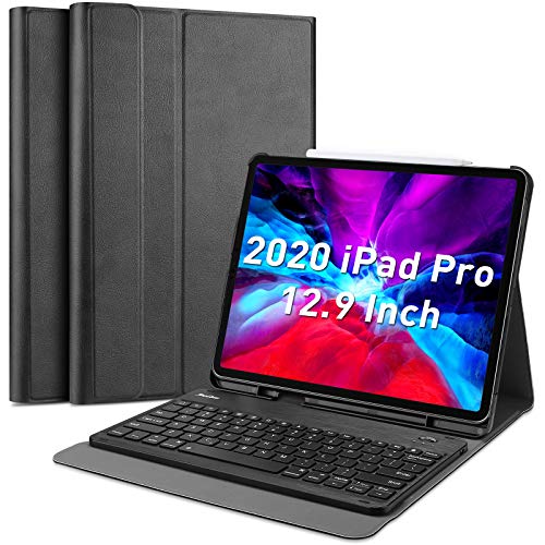 ProCase Funda con Teclado Americano para iPad Pro 12.9" 2020, Carcasa Delgada Apoya Carga Apple Pencil 2, con Teclado Inglés Inalámbrico Desmontable Magnético para iPad 12.9" 4.ª Generación –Negro