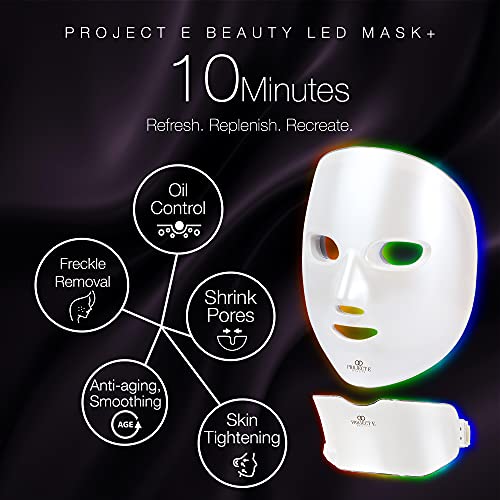 Project E Beauty Mascarilla de fotones para el cuello y la cara para el rejuvenecimiento de la piel. Terapia de fotones LED inalámbrica, tratamiento de luz de 7 colores, máscara facial