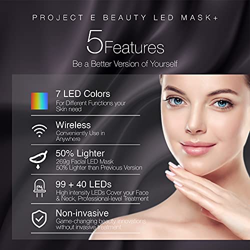 Project E Beauty Mascarilla de fotones para el cuello y la cara para el rejuvenecimiento de la piel. Terapia de fotones LED inalámbrica, tratamiento de luz de 7 colores, máscara facial