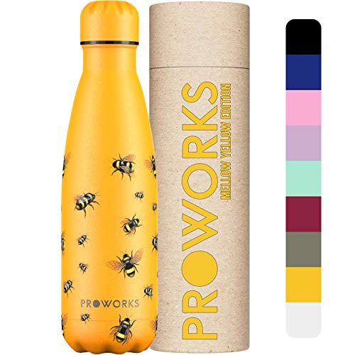 Proworks Botellas de Agua Deportiva de Acero Inoxidable | Cantimplora Termo con Doble Aislamiento para 12 Horas de Bebida Caliente y 24 Horas de Bebida Fría - Libre de BPA - 500ml – Abeja Amarilla