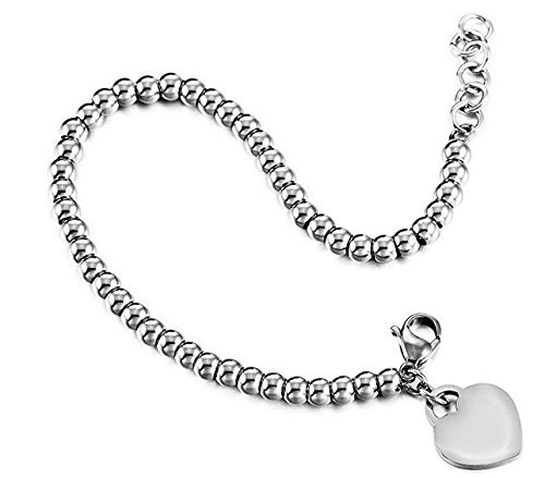 Pulsera Corazón Mujer de Acero con Cadena Bola Hipoalergenico Ajustable Deligado Regalo Amor Madre Chulo, Plateado