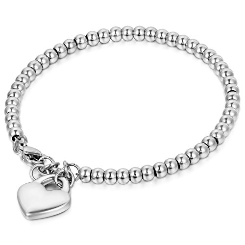 Pulsera Corazón Mujer de Acero con Cadena Bola Hipoalergenico Ajustable Deligado Regalo Amor Madre Chulo, Plateado