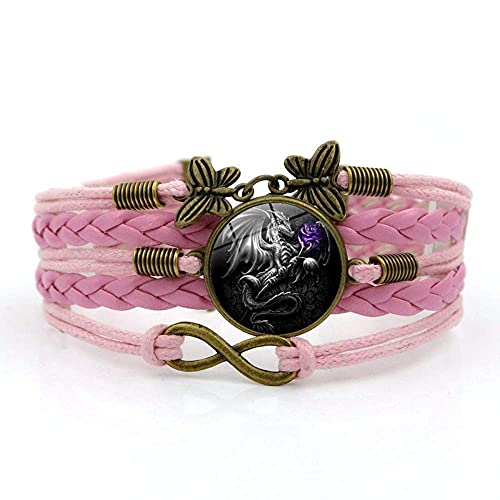 Pulsera tejida, Cuerda rosada Gris feroz Dragón occidental Animal, Tiempo Pulsera de piedras preciosas Varias capas de vidrio tejido a mano Combinación de joyas Moda femenina Joyas de estilo europeo y