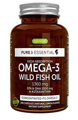 Pure & Essential Aceite de Pescado Salvaje de Alta Absorción y Astaxantina, 1360 mg de omega-3, 1000 mg de EPA y DHA, sabor a limón, 180 cápsulas