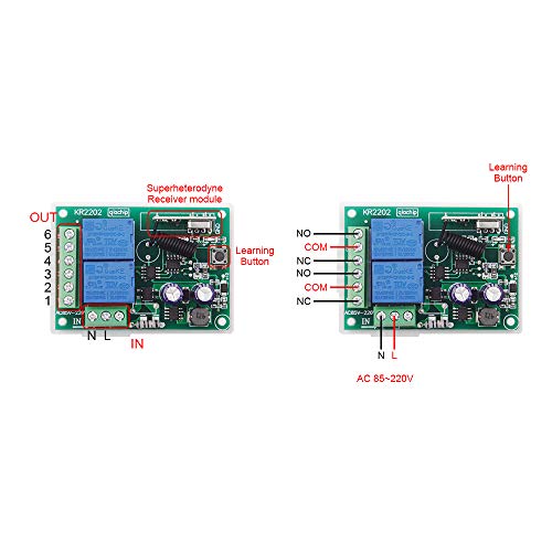 QIACHIP 220V AC 2 Canales Inalambrico Control Remoto Interruptore Universal, RF 433mhz Receptor con Mando 2CH Módulo de Relé y Transmisor para Puerta Garaje, Ligero, Uso Doméstico