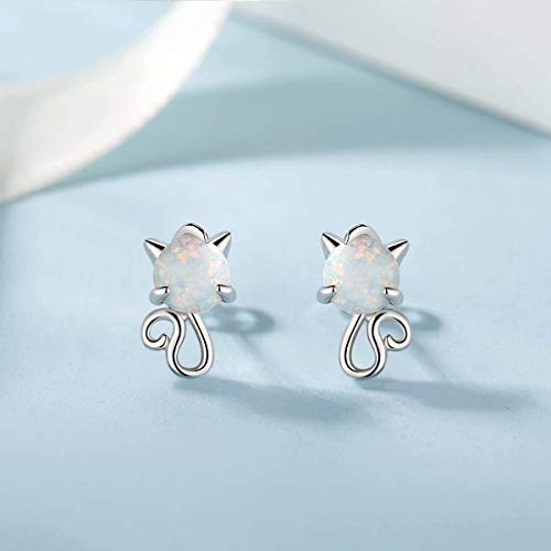 Qings ópalo pendientes gato Plata de ley 925 animal lindo pendientes para mujeres y niñas