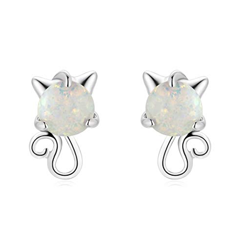 Qings ópalo pendientes gato Plata de ley 925 animal lindo pendientes para mujeres y niñas