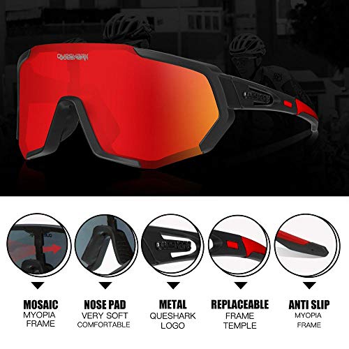 Queshark Gafas de Ciclismo Polarizadas Gafas de Sol Deportivas con Montura TR90 Gafas de Bicicleta para Hombres Mujeres con 3 Lentes Intercambiables Anti-UV400