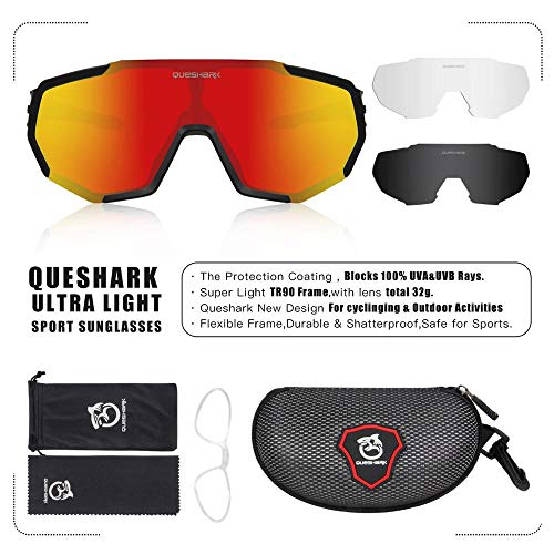 Queshark Gafas de Ciclismo Polarizadas Gafas de Sol Deportivas con Montura TR90 Gafas de Bicicleta para Hombres Mujeres con 3 Lentes Intercambiables Anti-UV400