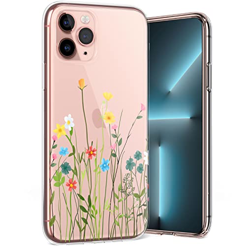 Qult Carcasa para Móvil Compatible con Funda iPhone 11 Pro Silicona Transparente Slim Suave Bumper Teléfono Caso para iPhone 11 Pro con Dibujo Prado de Flores