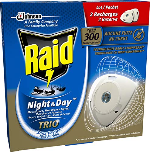 Raid recambios para difusor eléctrico de arena comprimido, antimosquitos, mosquitos tigres, hormigas y moscas), Night & Day Trio, insecticida