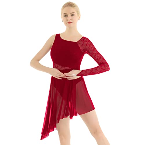 ranrann Vestido de Danza Ballet para Mujer Asimétrico Vestido de Baile Lírico Latino Traje de Tango Rumba Oriental Leotardo Body de Gimnasia Dancewear Borgoña M