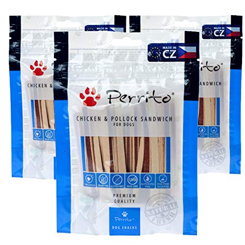 Rc Ocio Chuches para Perros sin Cereales de Pollo y Bacalao 3 Bolsas de premios Snacks Naturales sin conservantes ni colorantes golosinas Snack Premium para Perro Grandes, pequeños, y Cachorros