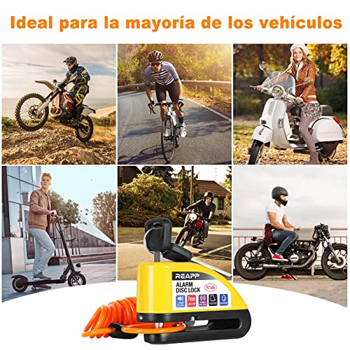 REAPP Candado Moto Disco con Alarma 110 DB, Antirrobo Moto Freno 7mm con Accesorios 1.5m Cable Recordatorio y Candado Bolsa, Pinza Moto Antirrobo para Motocicletas Bicicleta