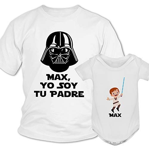 Regalo día del padre camiseta papá personalizada + Body o camiseta hijo/a Estilo Star Wars Jedi Darth Vader de la guerra de las galaxias