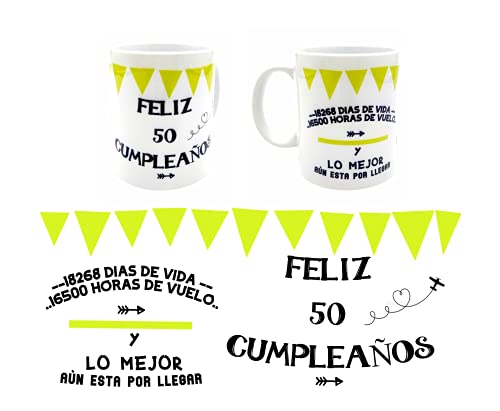 Regalo Originales 50 CUMPLEAÑOS Hombre Mujer COJÍN + Taza Original Mensajes de Amor Cojines Decorativos I Taza Desayuno Original Idea Regalo Cumpleaños.(Pack 50 AÑOS)