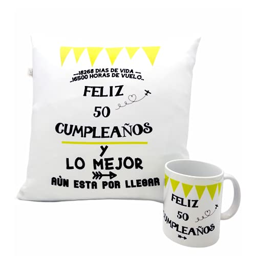 Regalo Originales 50 CUMPLEAÑOS Hombre Mujer COJÍN + Taza Original Mensajes de Amor Cojines Decorativos I Taza Desayuno Original Idea Regalo Cumpleaños.(Pack 50 AÑOS)