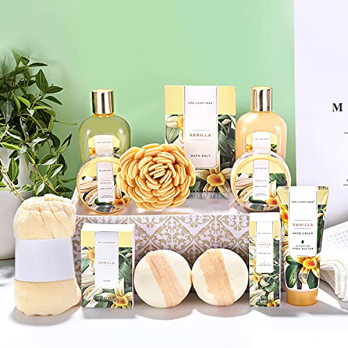 Regalo para Ella - SPA LUXETIQUE Set de Baño con 12 Piezas, Set de Spa a Fragancia Vainilla, Incluye Aceite de Masaje, Sales de Baño, Bombas de Baño, Gorro para Secar Cabello, Set de Baño para Navidad