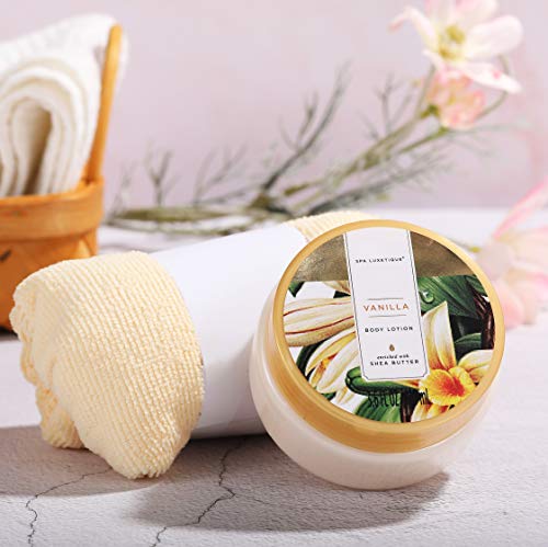 Regalo para Ella - SPA LUXETIQUE Set de Baño con 12 Piezas, Set de Spa a Fragancia Vainilla, Incluye Aceite de Masaje, Sales de Baño, Bombas de Baño, Gorro para Secar Cabello, Set de Baño para Navidad